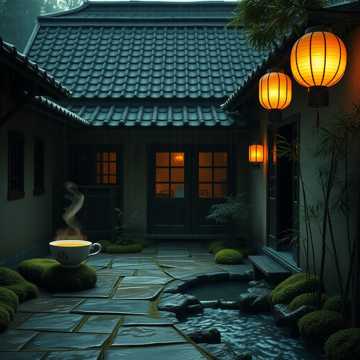 潺潺流水，雨落屋檐