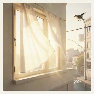 晨光缝在窗帘上