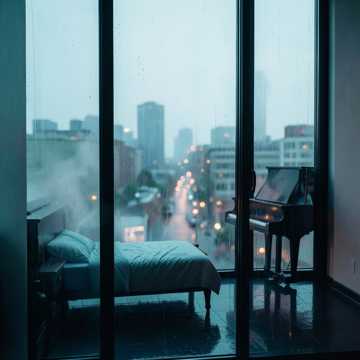 雨丝悬在窗沿