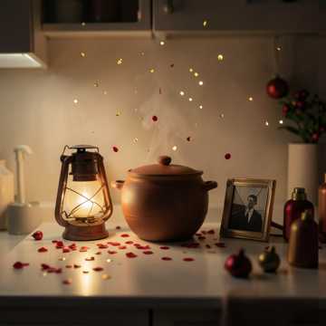 红纸屑落在汤碗边