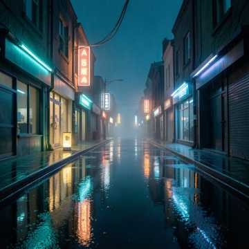 霓虹淋湿的人行道