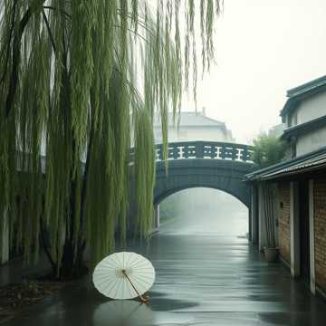 石板桥上雨打梧桐