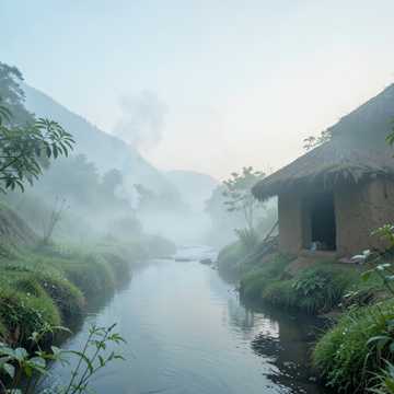 薄雾炊烟伴溪啁