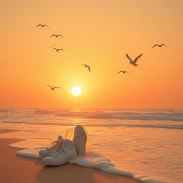 浪花追逐白球鞋