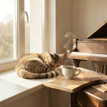 一杯咖啡配猫的早安