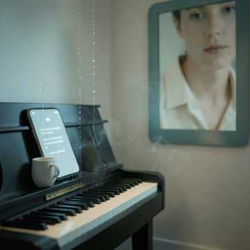 湿发垂在琴键上