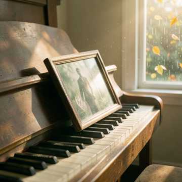 旧钢琴前落灰的相框