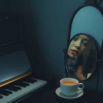 湿发垂在琴键上