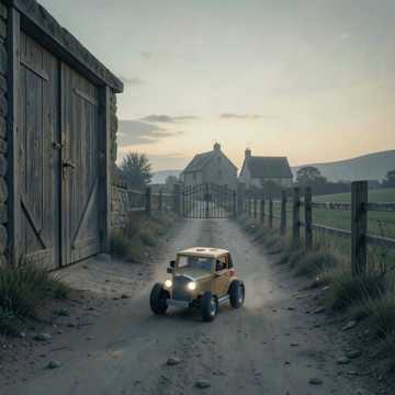 旧汽车驶向篱笆