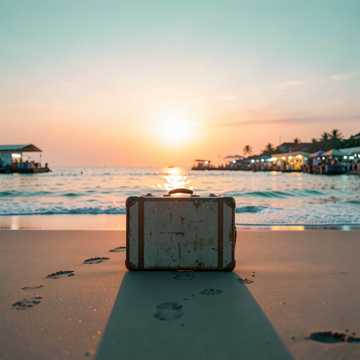 行李箱背对海平线