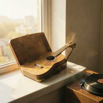 木吉他翻开的旧唱片