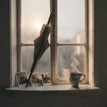 摆着雨伞的旧窗台