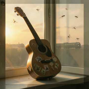 木吉他上的旧邮票